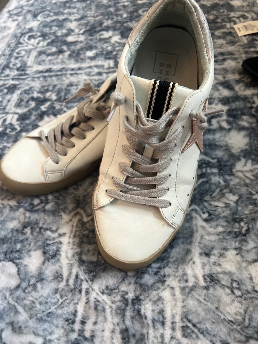 ShuShop White Sneakers with Taupe Accents and Star Detail